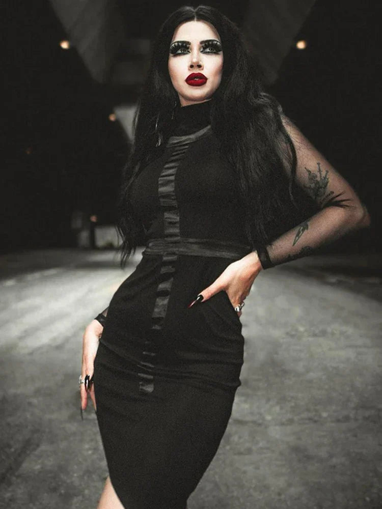 Mesh Long Sleeve High Neck Ruched Asymmetric Hem Bodycon Midi Dress