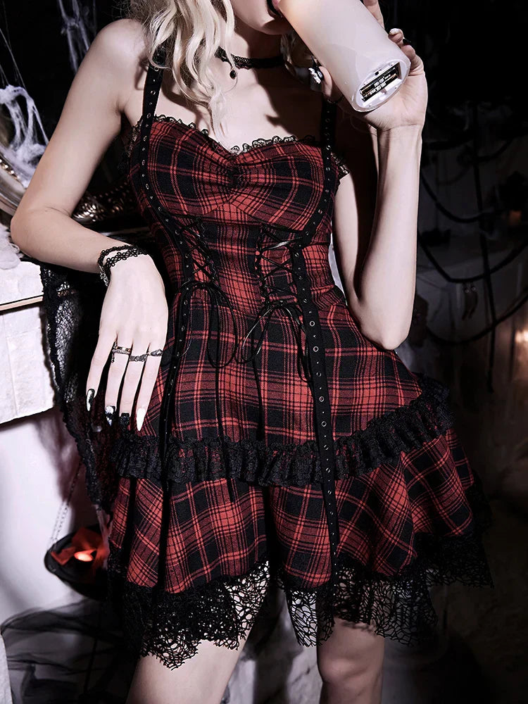 Plaid Corset Lace Up Tiered Ruffle Mini Dress