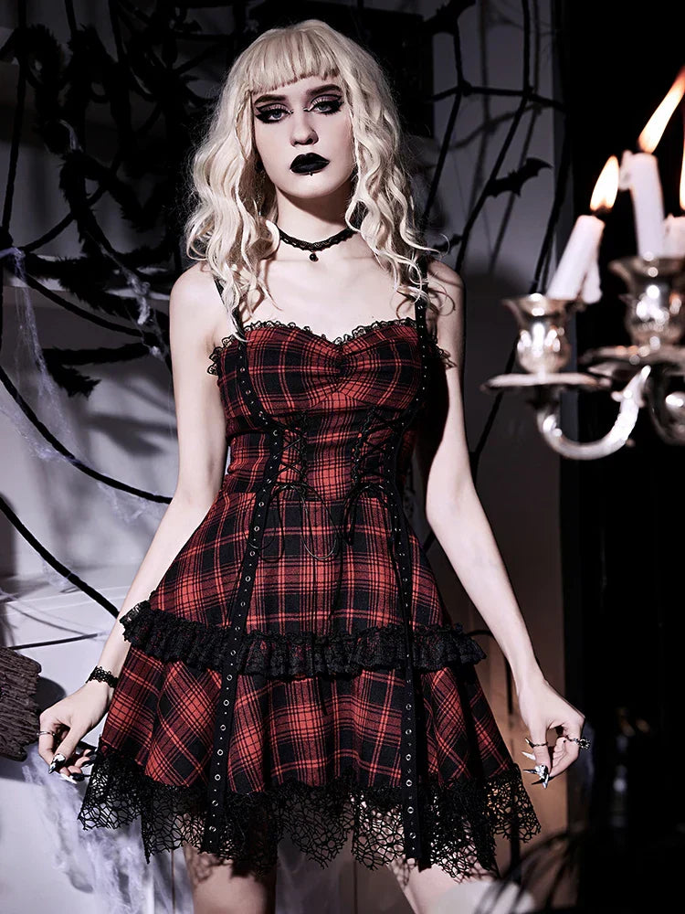Plaid Corset Lace Up Tiered Ruffle Mini Dress