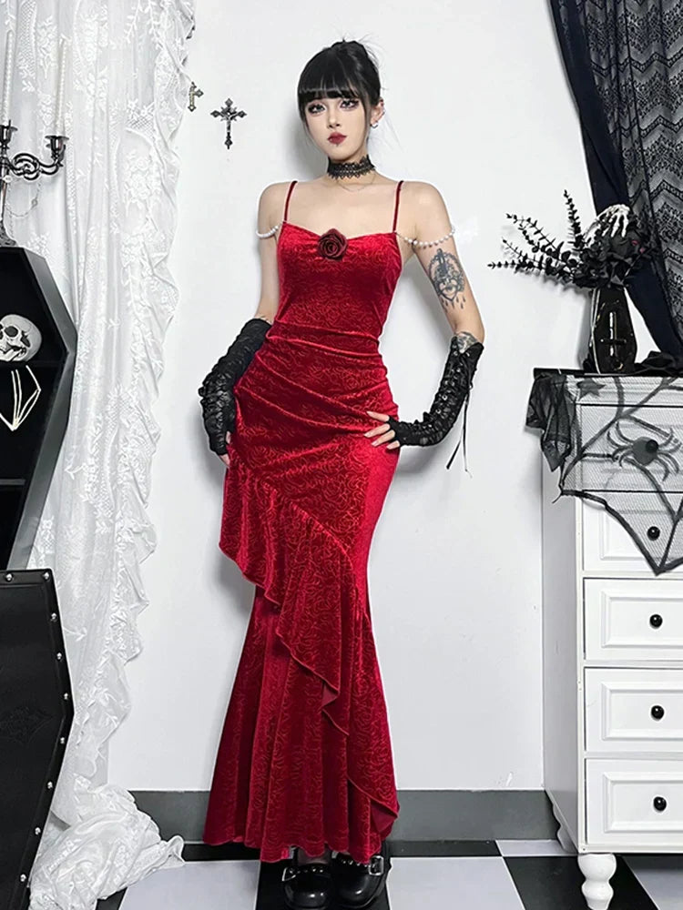 Velvet Spaghetti Strap Ruched Rosette Mermaid Maxi Dress - View 2
