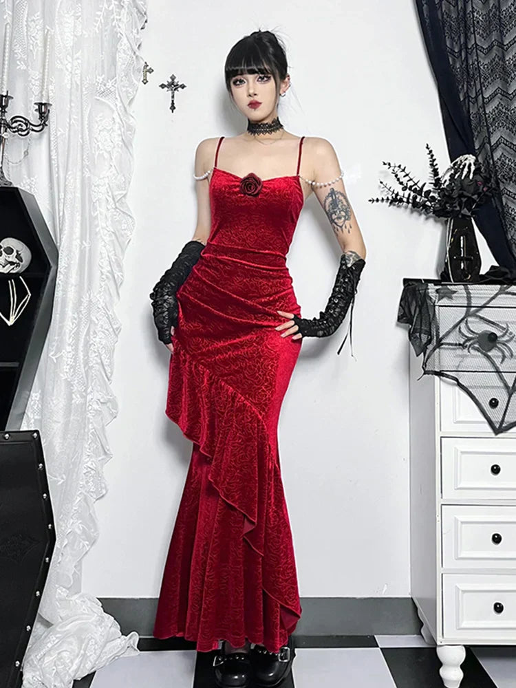 Velvet Spaghetti Strap Ruched Rosette Mermaid Maxi Dress