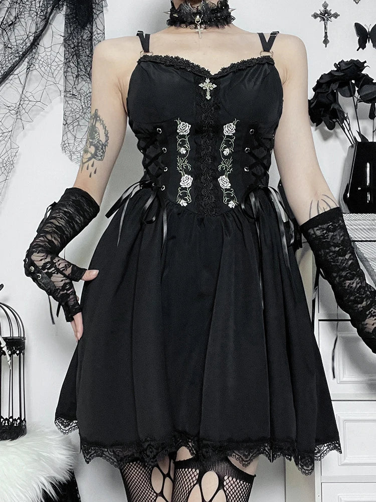 Lace Up Sweetheart Lace Trim Floral Embroidered Spaghetti Strap A-Line Mini Dress