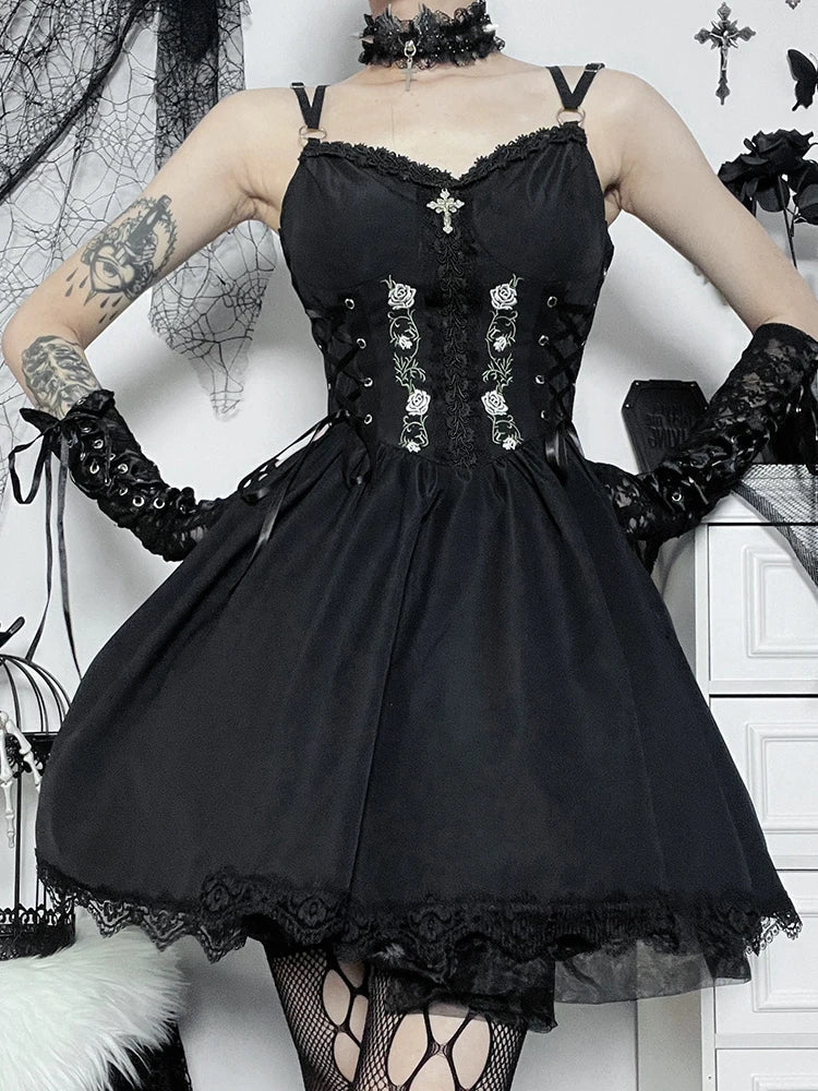 Lace Up Sweetheart Lace Trim Floral Embroidered Spaghetti Strap A-Line Mini Dress