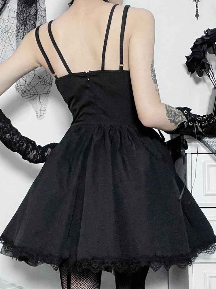 Lace Up Sweetheart Lace Trim Floral Embroidered Spaghetti Strap A-Line Mini Dress