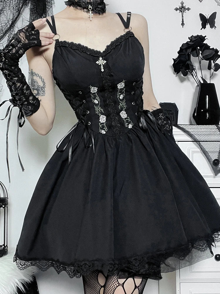 Lace Up Sweetheart Lace Trim Floral Embroidered Spaghetti Strap A-Line Mini Dress