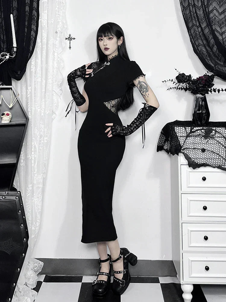 Spliced Cheongsam Vintage Lace Patchwork Bodycon Slim Dress - View 2