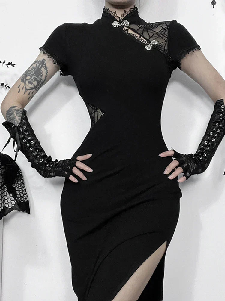Spliced Cheongsam Vintage Lace Patchwork Bodycon Slim Dress - View 3