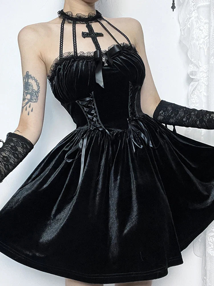 Gothic Velvet Criss Cross Halter Vintage Draped Lace Backless A Line Dress