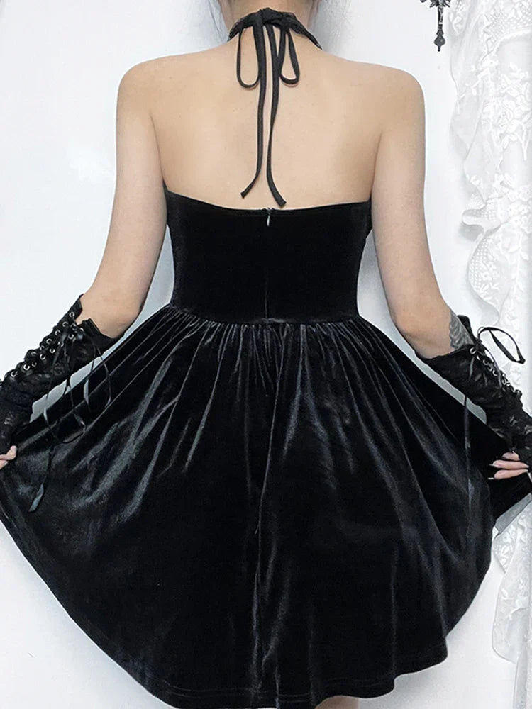 Velvet CrissCross Halter Vintage Draped Lace Sleeveless Bodycon Backless ALine Dress