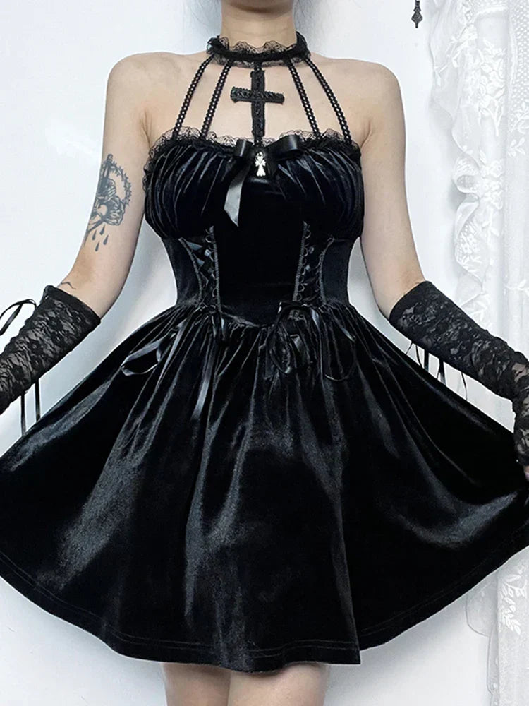 Velvet Halter Neck Corset Lace Up Fit and Flare Mini Dress