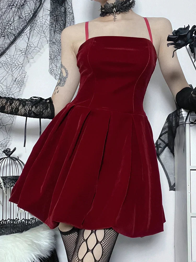 Velvet Solid Shirring High Waist Spaghetti Straps A-Line Party Mini Elegant New Year Dress 3