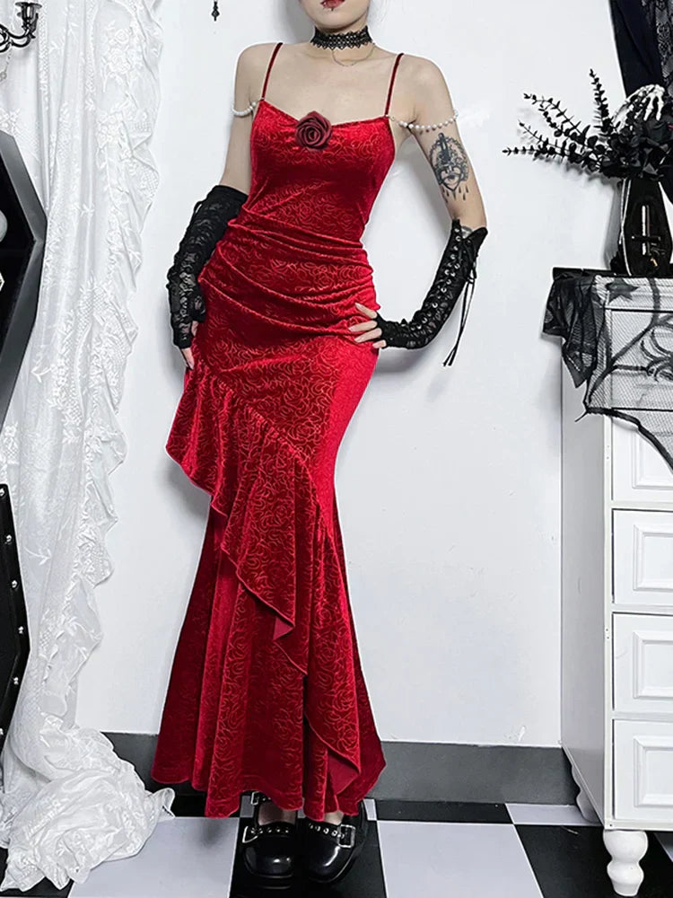 Velvet Spaghetti Strap 3D Rose Ruched Mermaid Maxi Dress