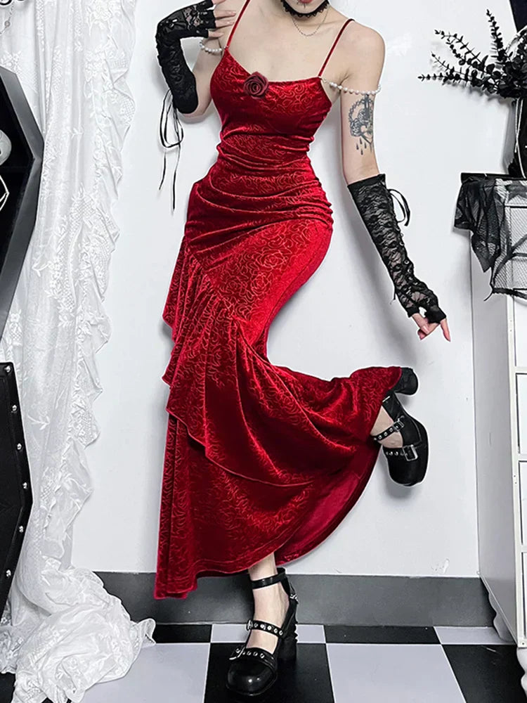 Velvet Spaghetti Strap 3D Rose Ruched Mermaid Maxi Dress