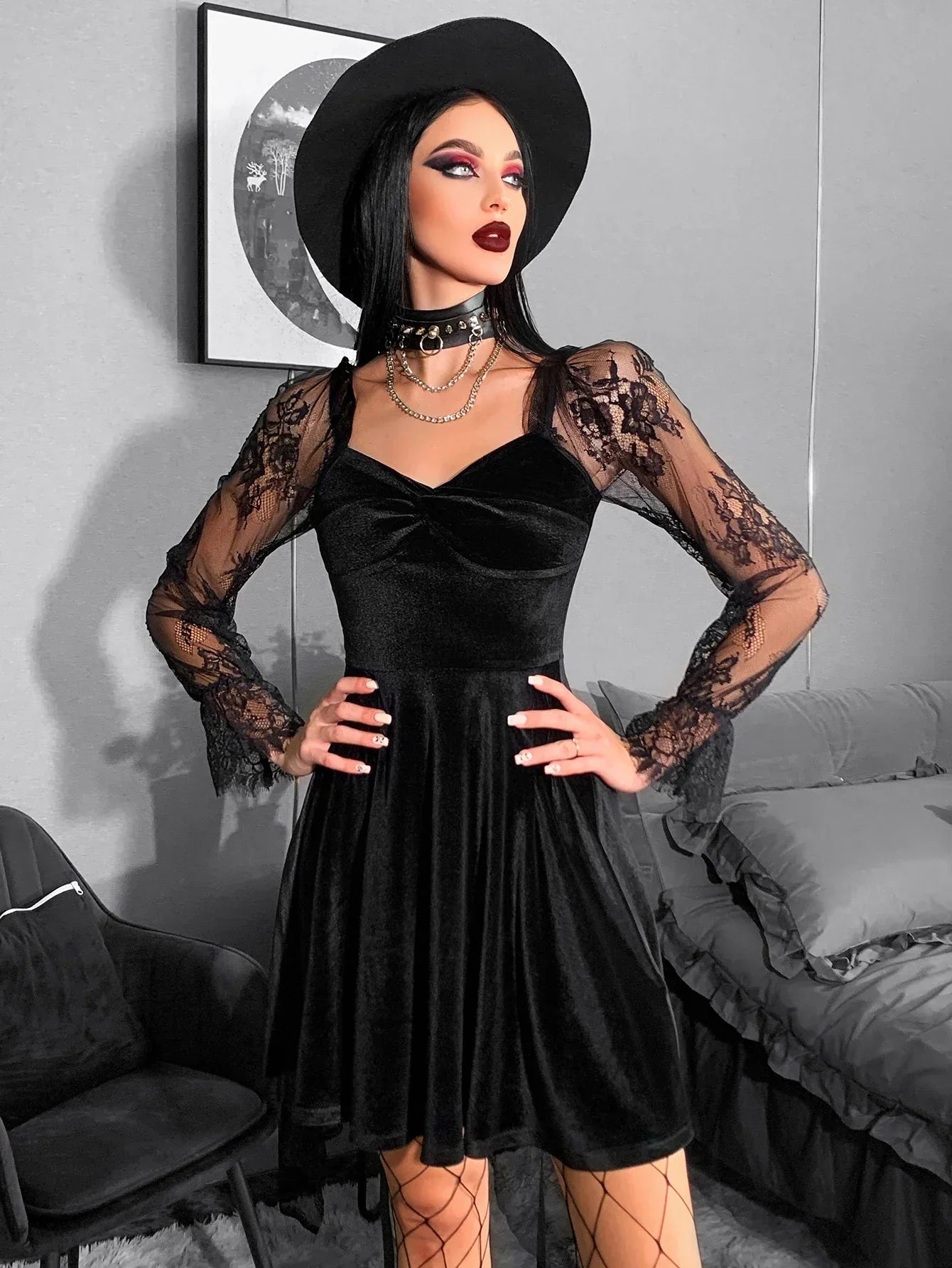 Velvet Lace Lantern Sleeve Twisted 40s 50s Retro V Neck Dress - View 3