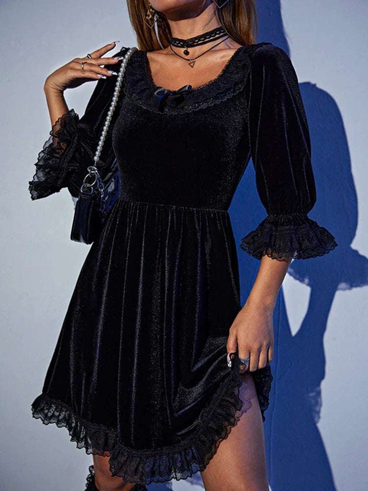 Velvet Square Neck Lace Trim Bow Detail Puff Sleeve Fit and Flare Mini Dress