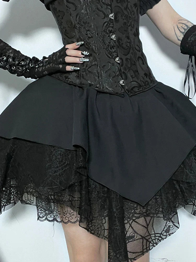 Brocade Corset Busk Puff Sleeve Spiderweb Lace Handkerchief Hem Mini Dress
