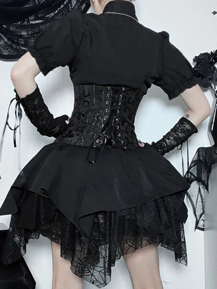 Brocade Corset Busk Puff Sleeve Spiderweb Lace Handkerchief Hem Mini Dress