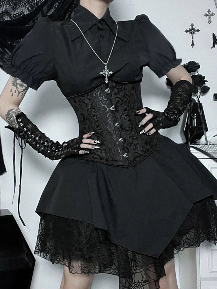 Brocade Corset Busk Puff Sleeve Spiderweb Lace Handkerchief Hem Mini Dress