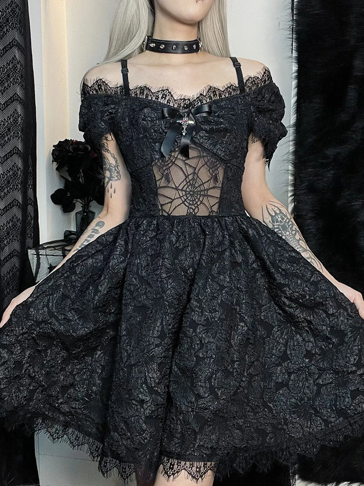 Mini Party Aesthetic One Shoulder Strap Lace Cutouts Elegant A-Line High Waist Prom Y2K Grunge Clubwear Dress