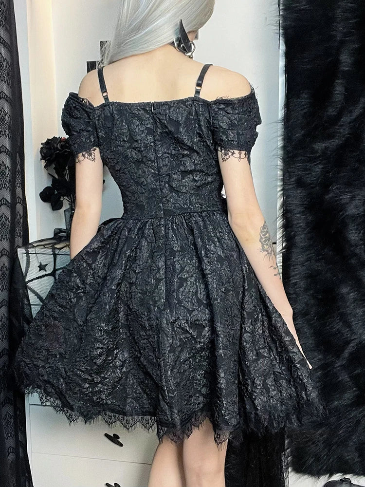 Mini Party Aesthetic One Shoulder Strap Lace Cutouts Elegant A-Line High Waist Prom Y2K Grunge Clubwear Dress