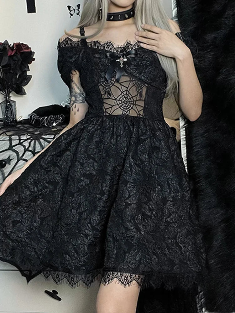 Off Shoulder Lace Trim Bow Front Mesh Panel A-Line Mini Dress 4