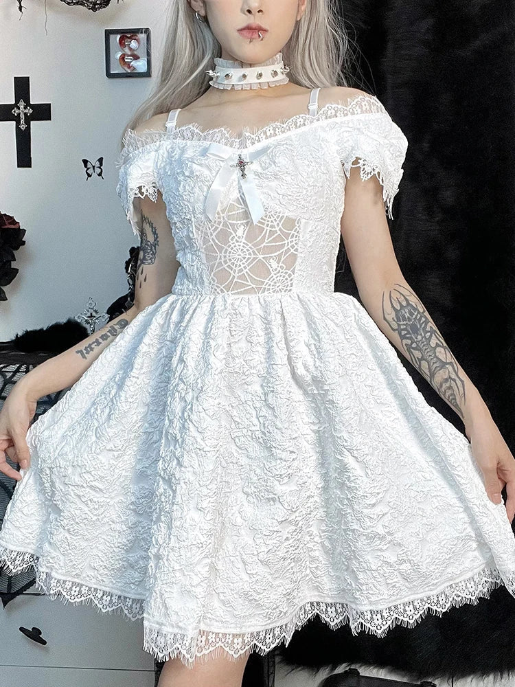 Off Shoulder Lace Trim Bow Front Mesh Panel A-Line Mini Dress 9