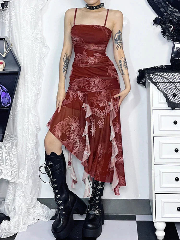Dragon Print Mesh Spaghetti Strap Ruffle Asymmetrical Hem Midi Dress 4