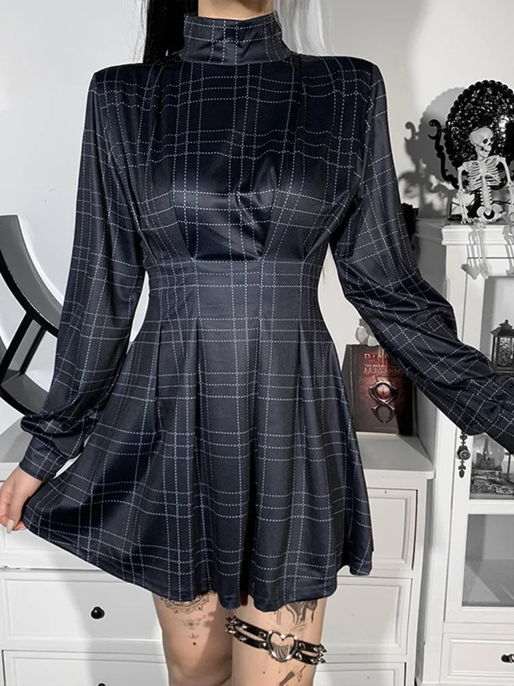 Plaid High Neck Long Sleeve Pleated Fit and Flare Mini Dress