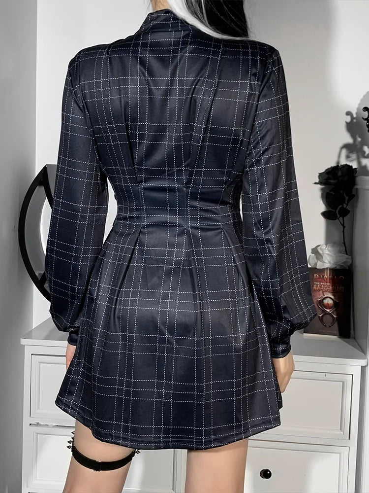 Plaid High Neck Long Sleeve Pleated Fit and Flare Mini Dress