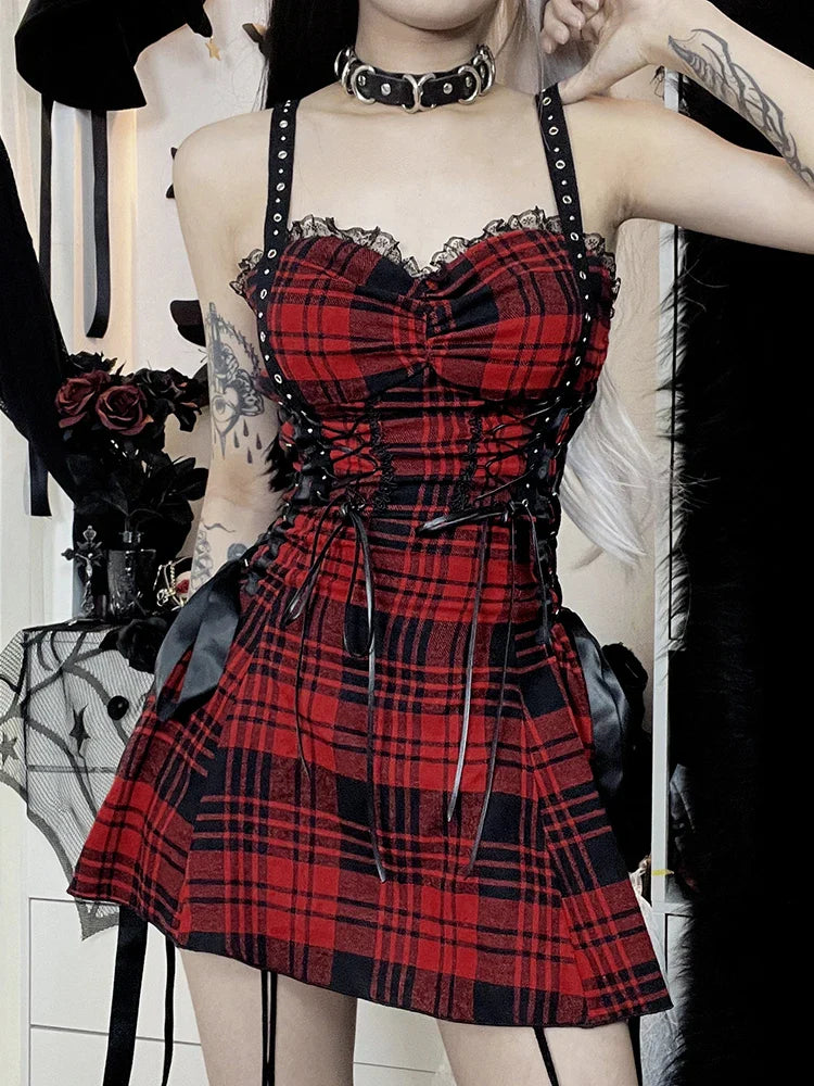Red Plaid Street Goth Fairy Grunge Y2K Pleated LaceUp Tube Lolita Eyelet Corset Mini Dress