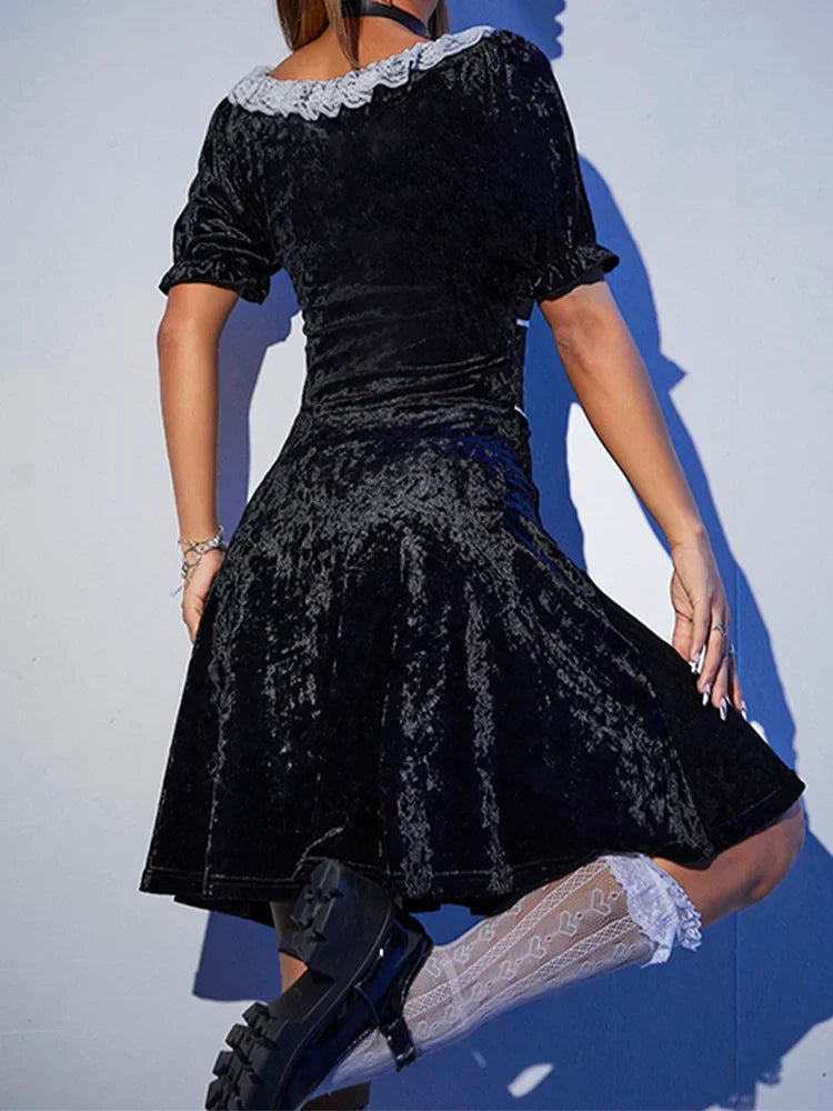 Sexy Black Harajuku Party Corset ALine Velvet Summer Fashion Emo Chic Elegant High Waist Dress