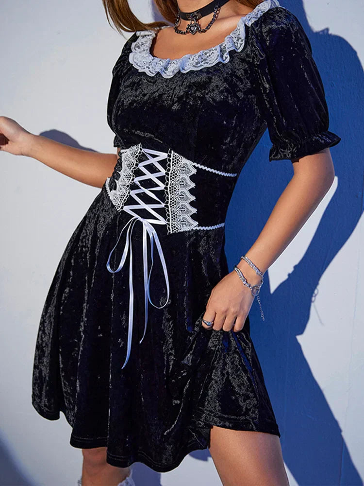 Velvet Square Neck Puff Sleeve Lace Trim Lace Up A-Line Mini Dress