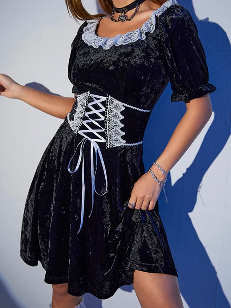 Velvet Square Neck Puff Sleeve Lace Trim Lace Up A-Line Mini Dress - View 7