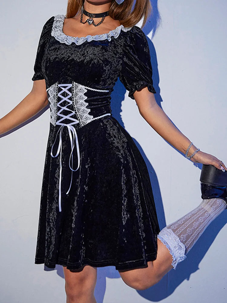 Velvet Square Neck Puff Sleeve Lace Trim Lace Up A-Line Mini Dress