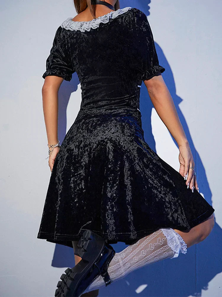 Velvet Square Neck Puff Sleeve Lace Trim Lace Up A-Line Mini Dress