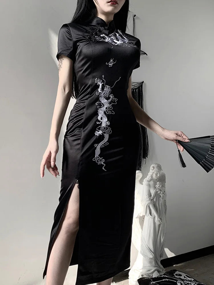 Dragon Embroidery Stand Collar Frog Button Short Sleeve Cheongsam Mini Dress