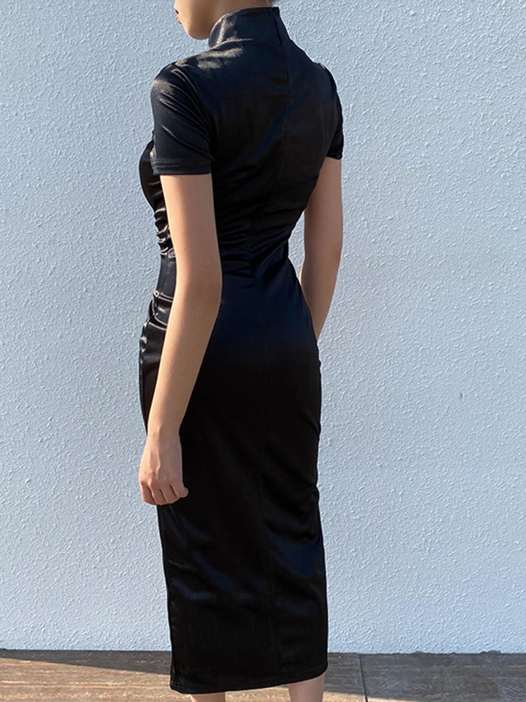 Dragon Embroidery Stand Collar Frog Button Short Sleeve Cheongsam Mini Dress