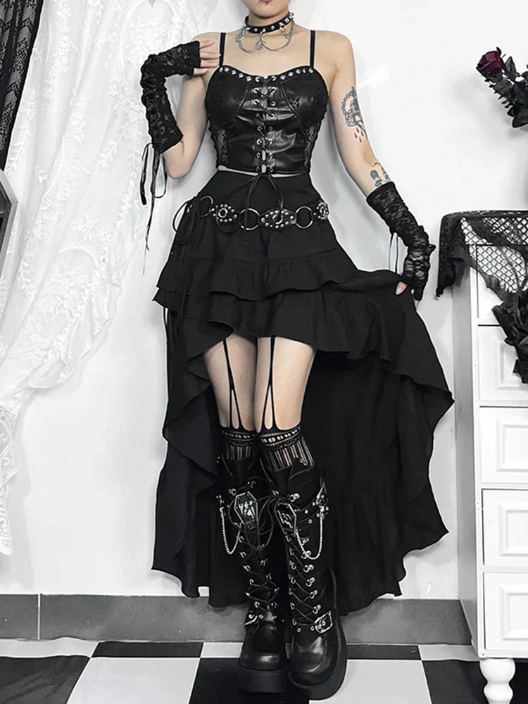 Women's SteamRetro Gothic Pleated Asymmetric HiLow Lace Party Irregular Victorian HighLow Bustle Skirt
