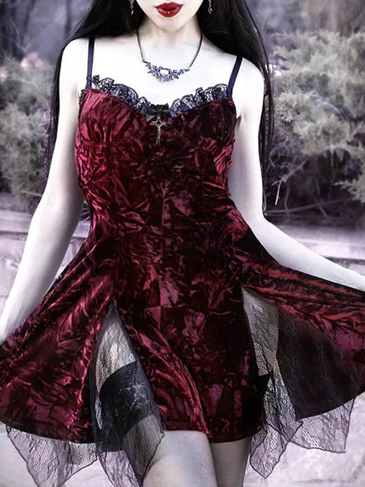 Y2K Gothic Vintage Mesh Velvet Mini Grunge Aesthetic Dark High Waist Slit Partywear Emo Lolita Clubwear Dress