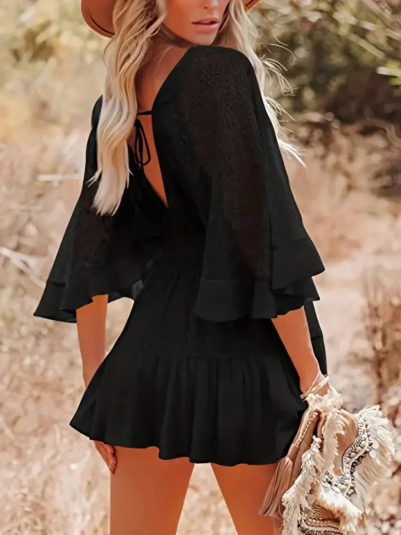 Lace V-Neck Flutter Sleeve Tiered Ruffle Boho Mini Dress