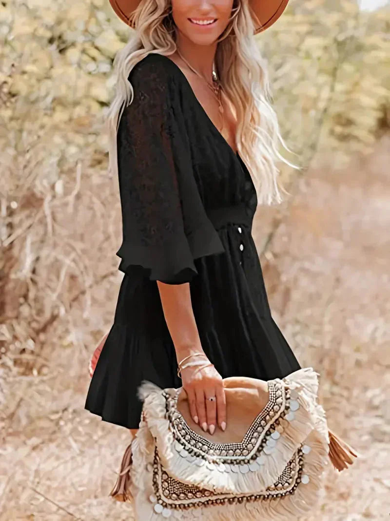 Lace V-Neck Flutter Sleeve Tiered Ruffle Boho Mini Dress