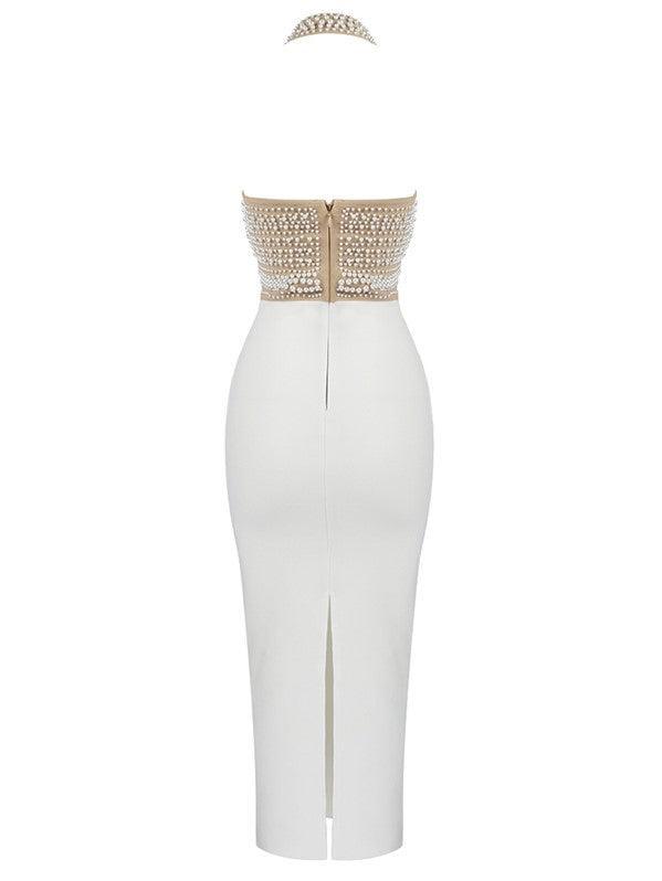 Halter Neck Pearl Embellished Bandage Midi Two Piece Set
