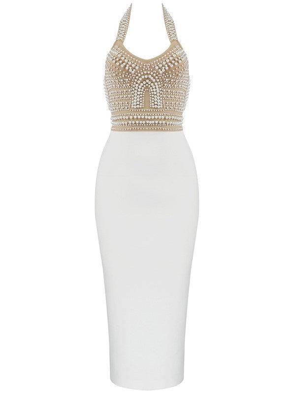 Halter Neck Pearl Embellished Bandage Midi Two Piece Set