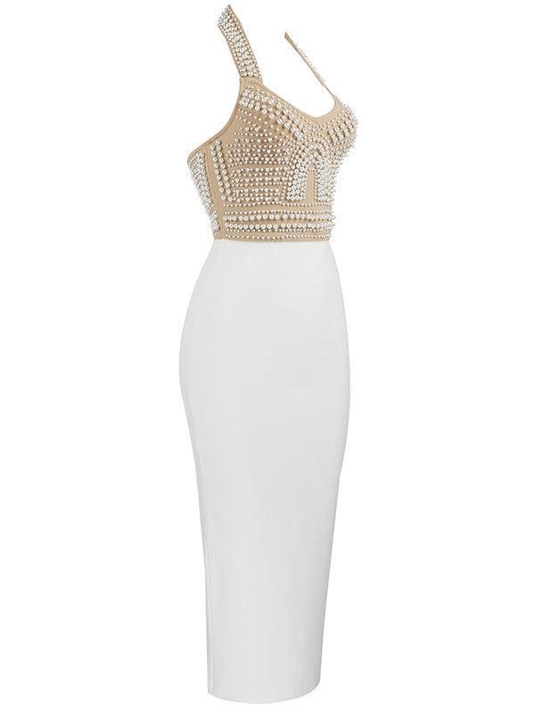 Halter Neck Pearl Embellished Bandage Midi Two Piece Set