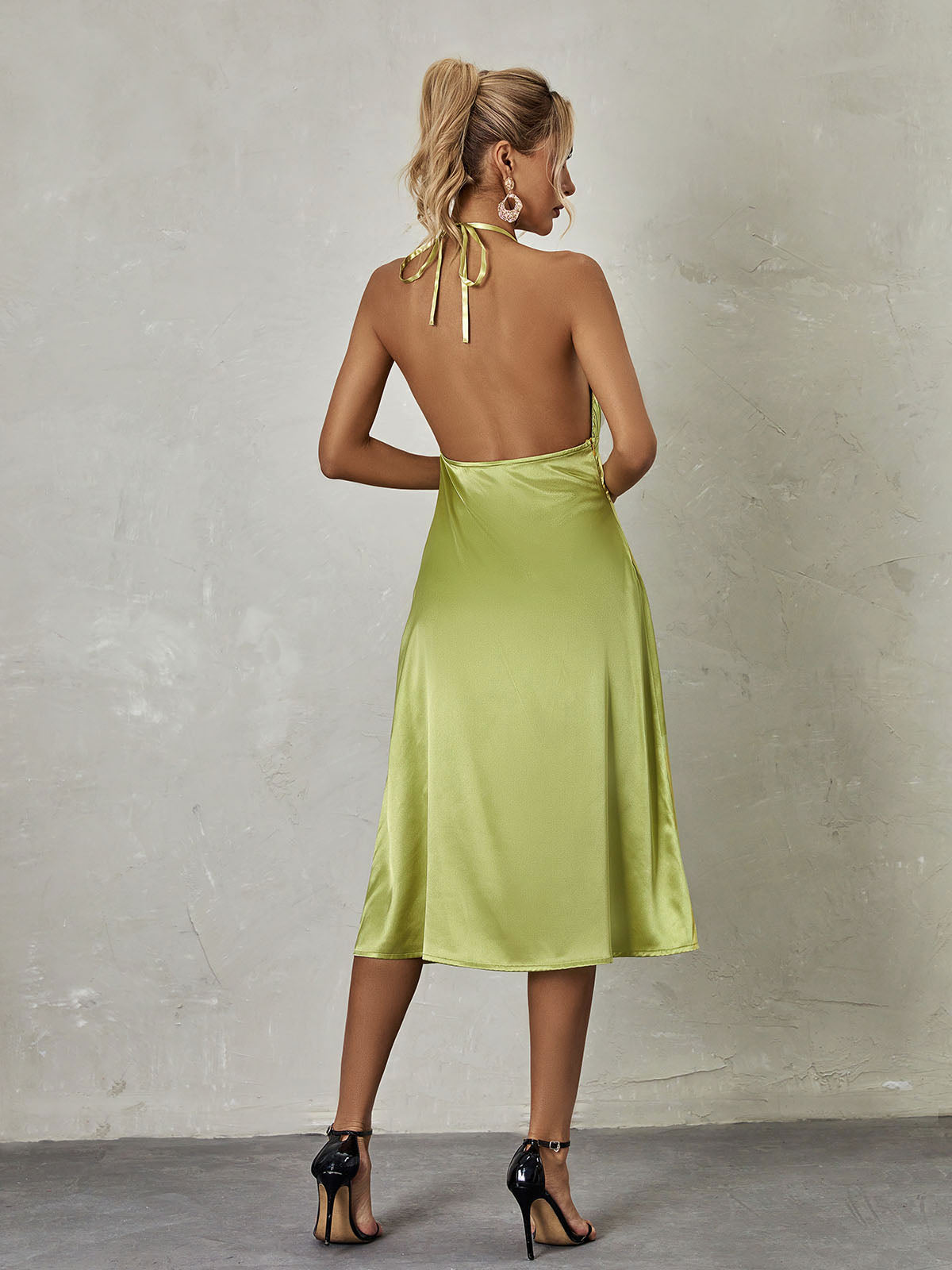 Satin Halter Neck Plunge Backless A-Line Midi Dress