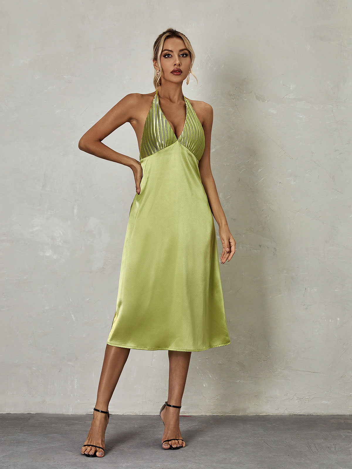 Satin Halter Neck Plunge Backless A-Line Midi Dress