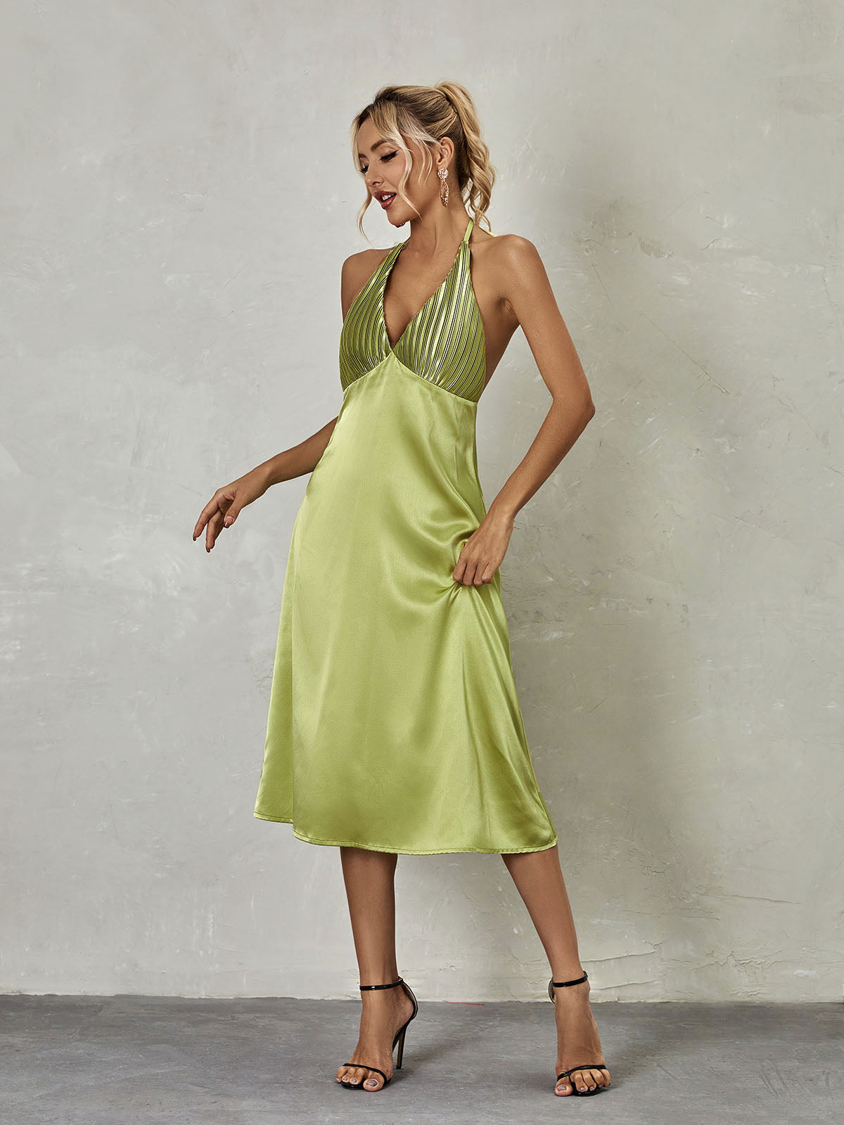 Satin Halter Neck Plunge Backless A-Line Midi Dress