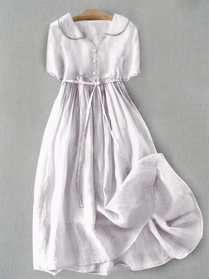Peter Pan Collar Short Sleeve Tie Waist Midi Dress
