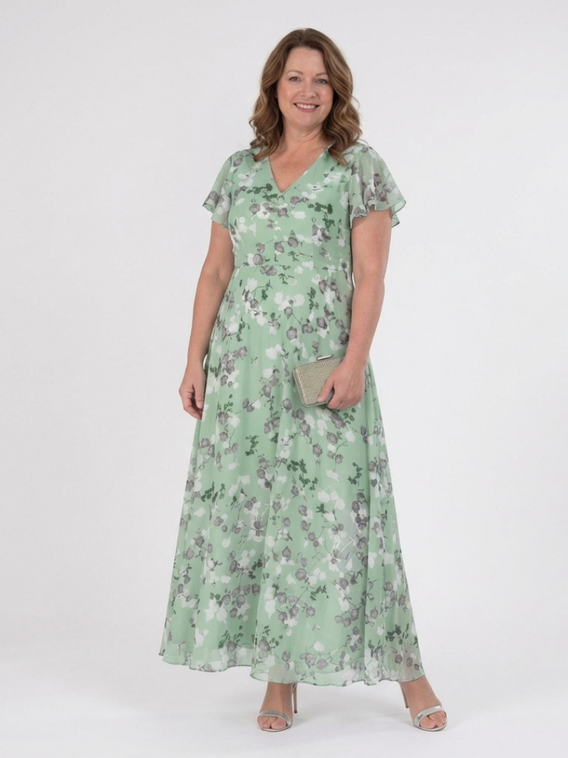 Floral Print V-Neck Flutter Sleeve Chiffon Maxi Dress