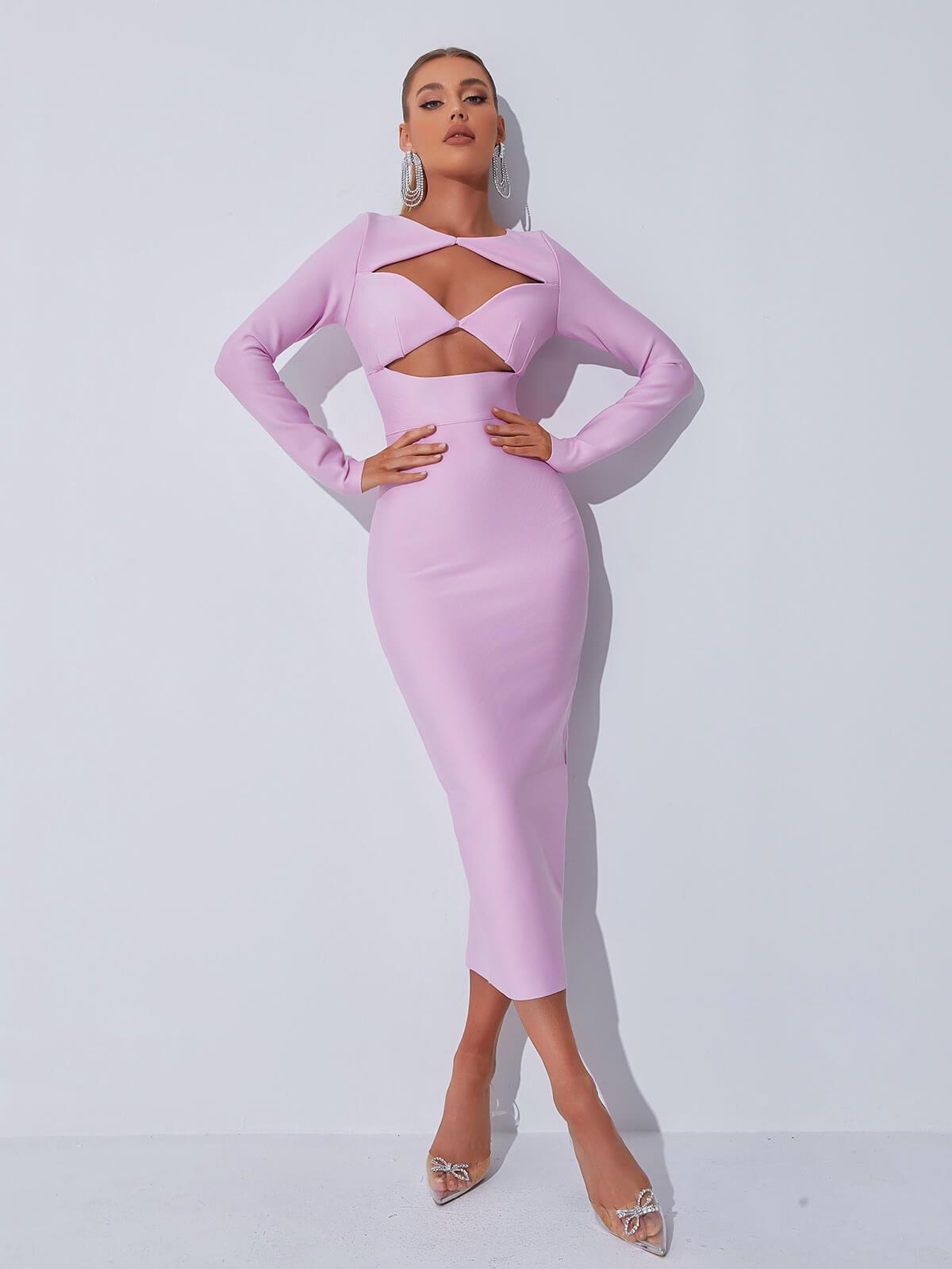 Long Sleeve Twist Cut Out Bandage Bodycon Midi Dress